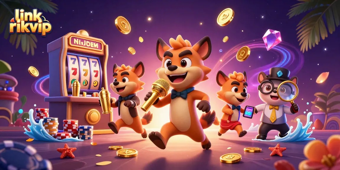 Link rikvip showcases a lively comedy casino scene with hyenas mixing drinks and telling jokes.