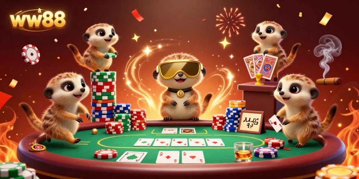 Experience thrilling gameplay with ww88 as a colony of meerkats orchestrates an exciting casino scene with dramatic poker elements.