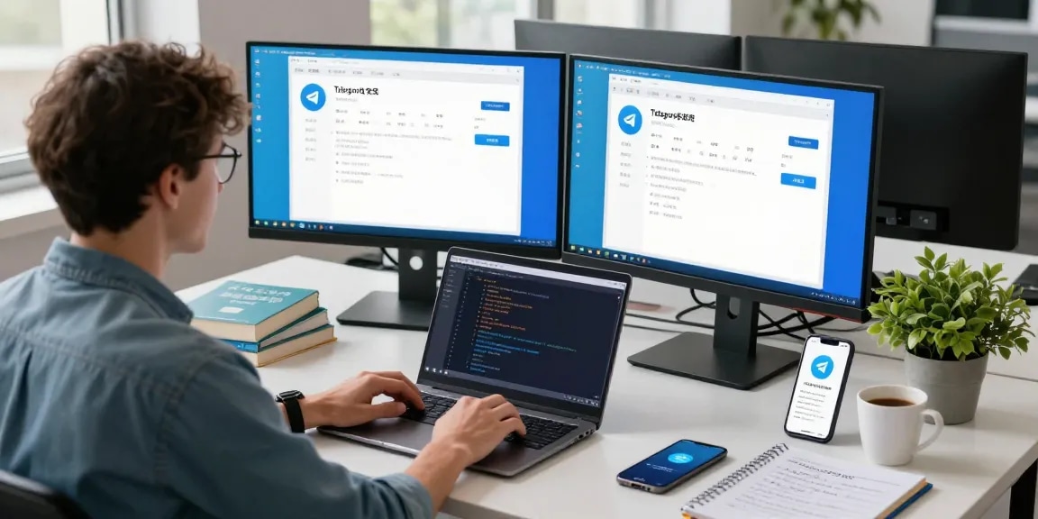 Setting up Telegram中文 in a modern office workspace, featuring dual monitors and desktop references.
