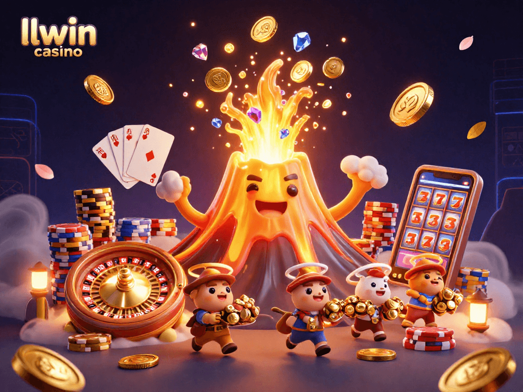 Experience the excitement of llwin casino with a triumphant golden volcano erupting treasures and a dynamic casino scene.