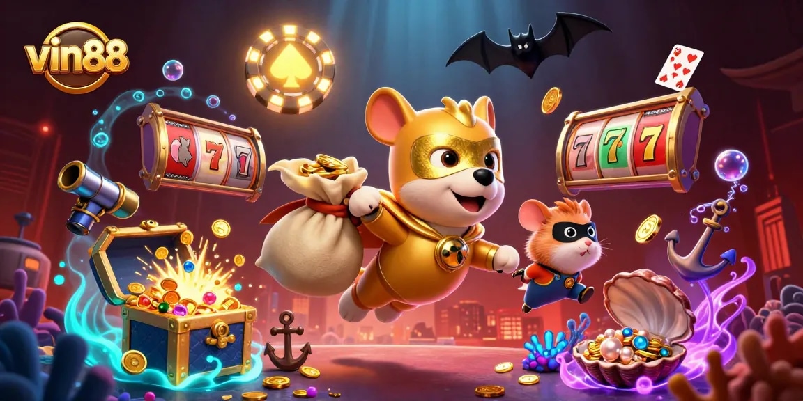 Win big with vin88 as a superhero dog flies through vibrant casino treasures and games.