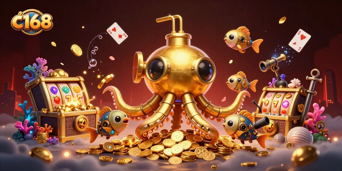 Experience c168's exciting gameplay with a whimsical 3D golden kraken submarine and slot machine elements.