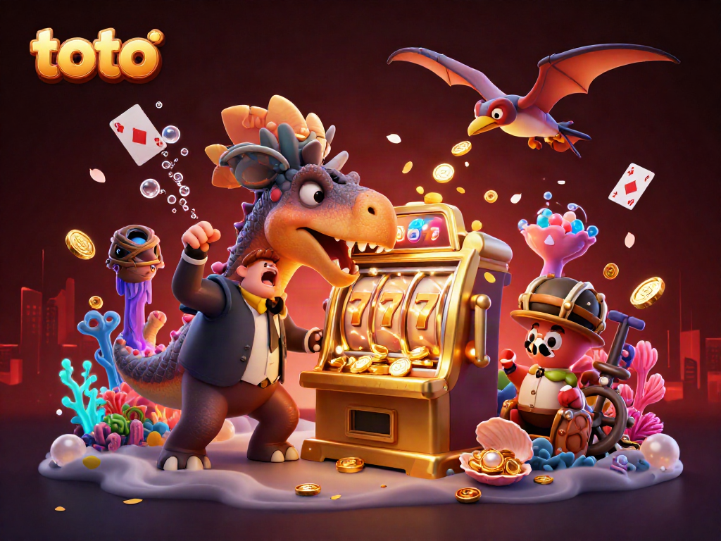 Toto explores jackpot wins with a pachycephalosaurus at a casino amid flying coins.