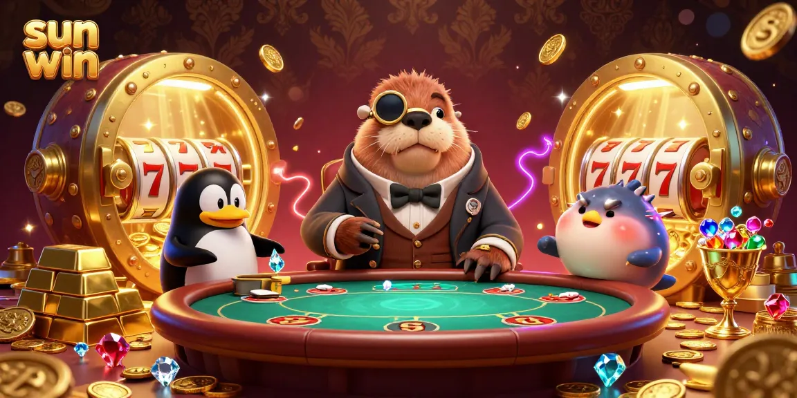 Engage in winning at sun win with a jolly walrus, penguin dealer, and pufferfish player at an exciting underwater poker table.
