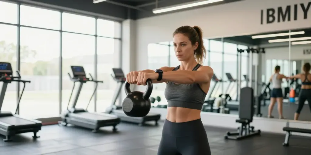 vibrant workout scene with woman using bmi rechner on smartwatch, performing kettlebell swing