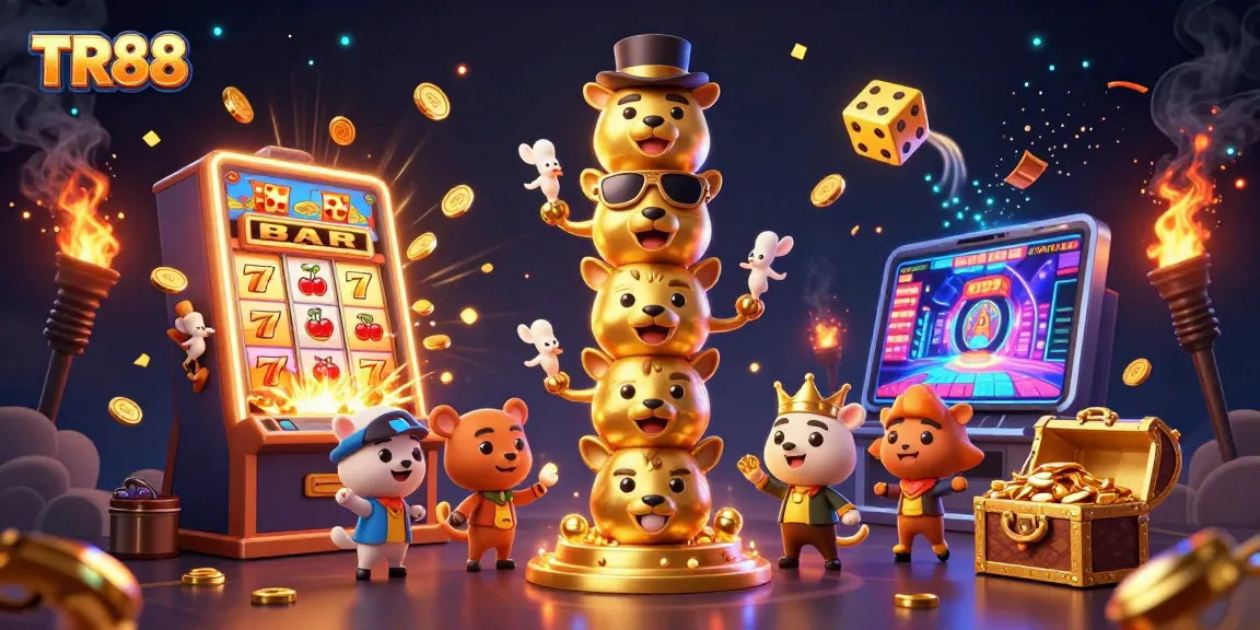 Win big with TR88 at a dynamic casino scene full of vibrant slot machines and playful gaming elements.