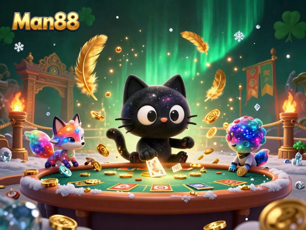 Join Man88 at the cosmic casino table as the black hole cat pulls in golden chips and cards.
