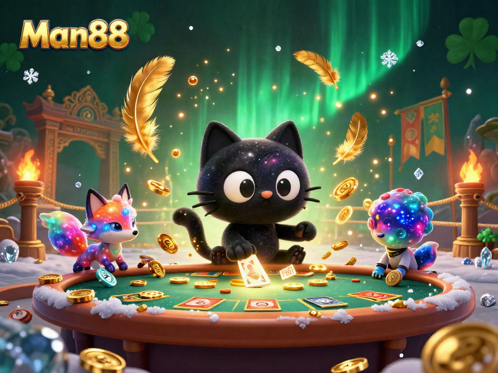 Join Man88 at the cosmic casino table as the black hole cat pulls in golden chips and cards.