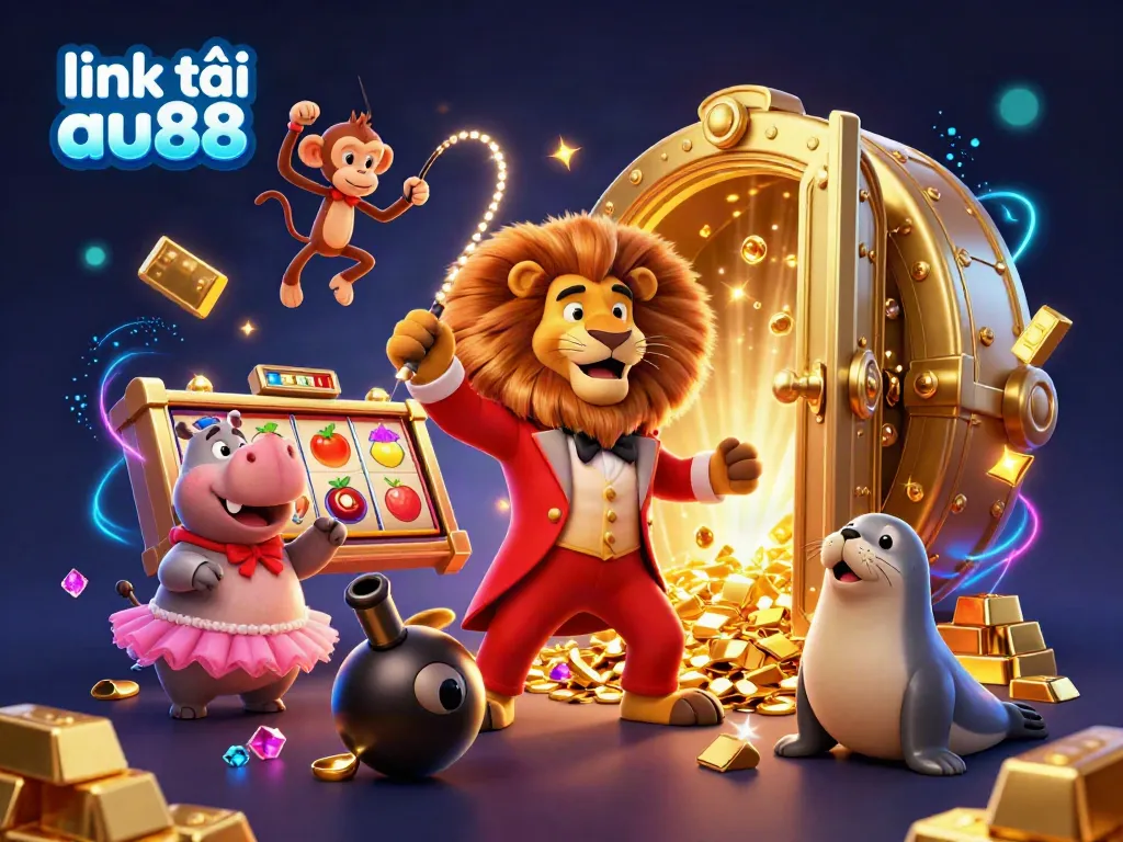 Experience vibrant casino excitement with link tải au88 featuring a lion ringmaster and playful characters in a colorful, energetic scene.