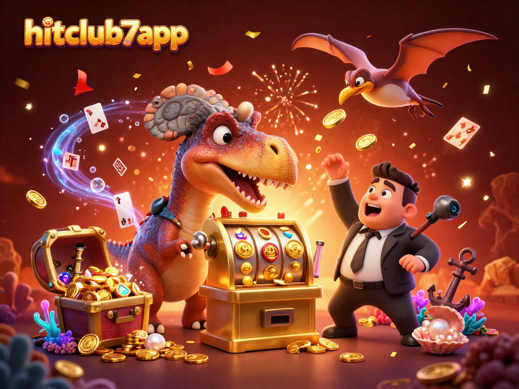 Experience hitclub7app's exciting slots as a dinosaur unleashes a jackpot amidst flying coins.