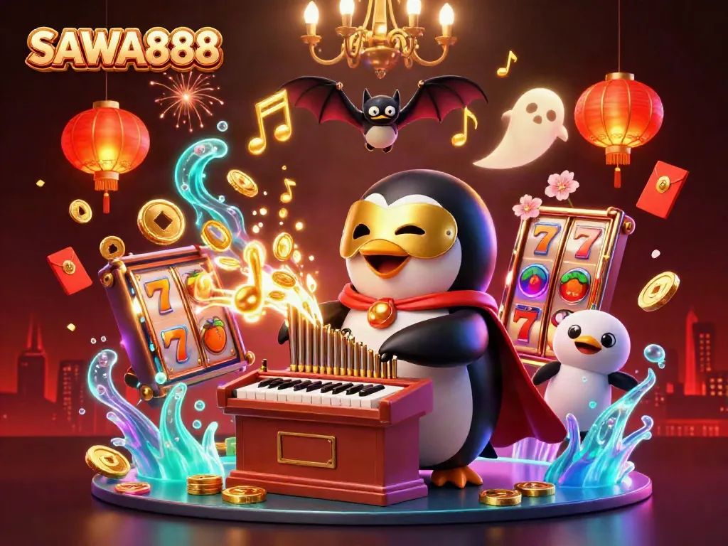 Experience SAWA888 with a vibrant scene of a penguin playing a golden pipe organ amidst slots and festive symbols.