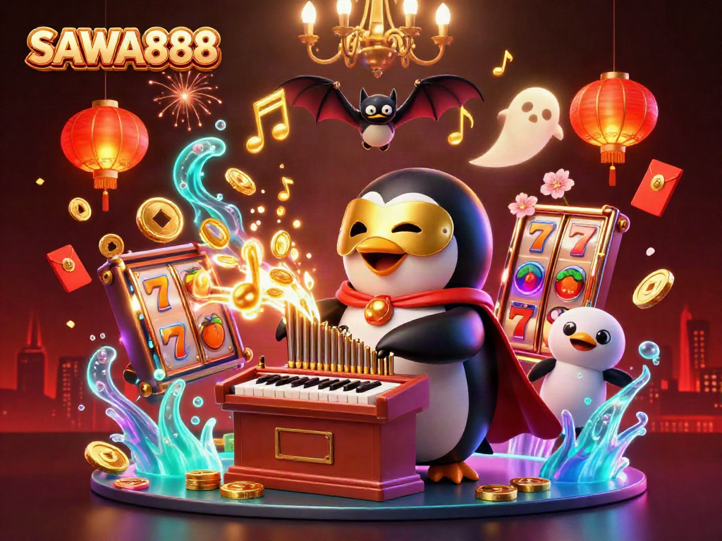 Experience SAWA888 with a vibrant scene of a penguin playing a golden pipe organ amidst slots and festive symbols.