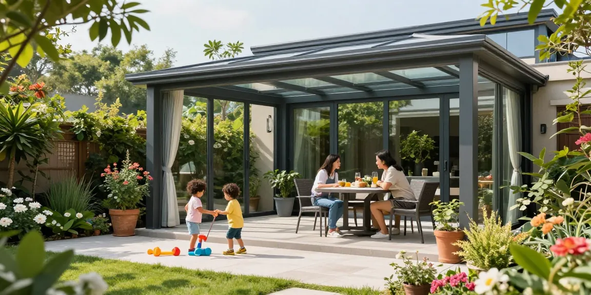 Freistehende Terrassenüberdachung in einem einladenden Garten mit einer Familie, die den sonnigen Tag genießt.