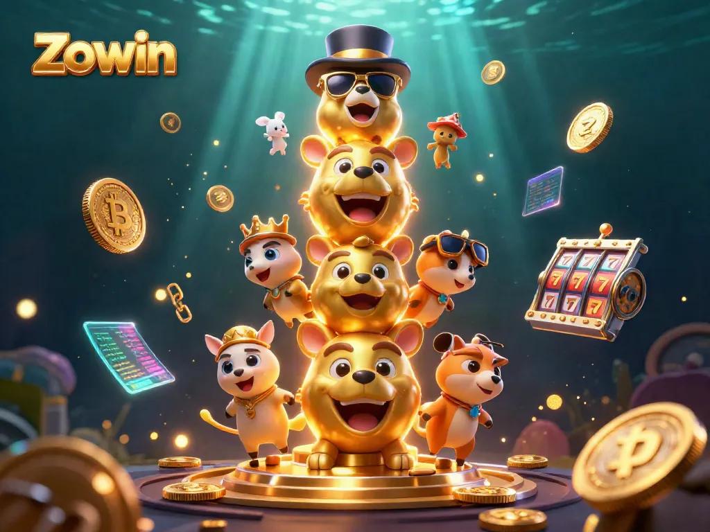 Zowin excitingly features a golden totem pole amidst dynamic casino symbols and glowing cryptocurrency coins.