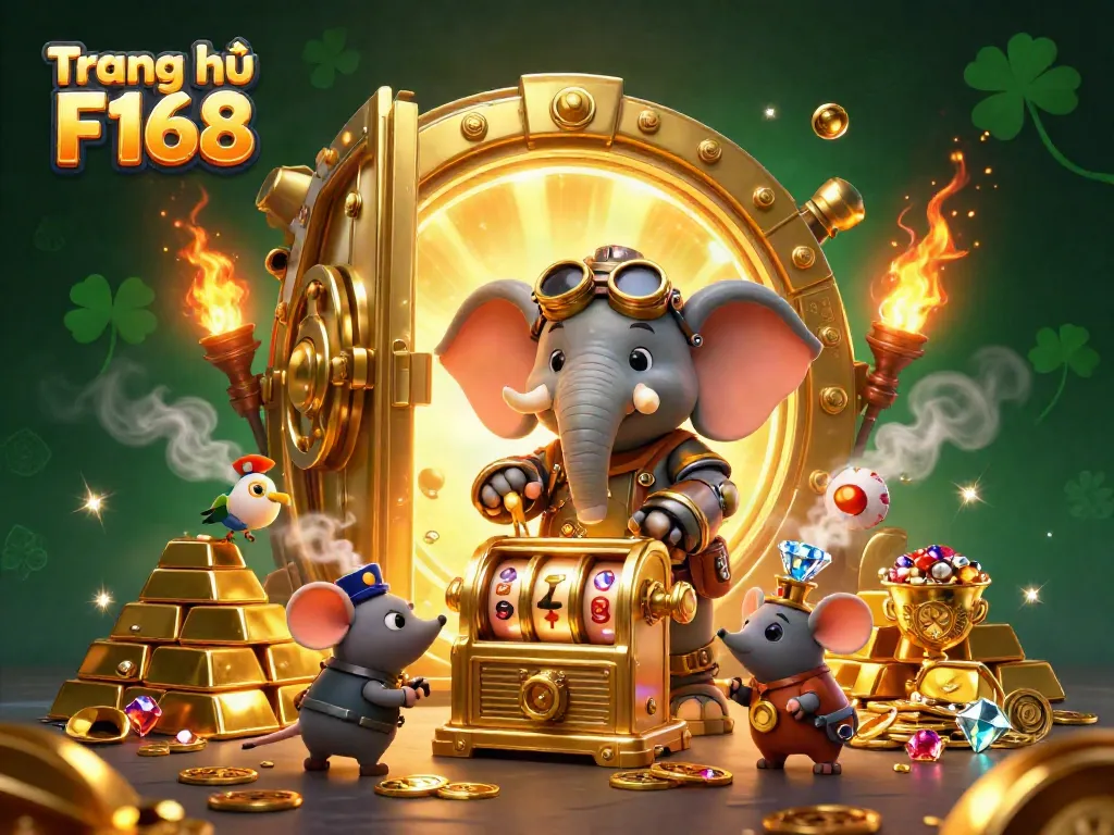 Experience the thrill of gaming at Trang chủ F168 with a steampunk elephant at a golden slot machine.