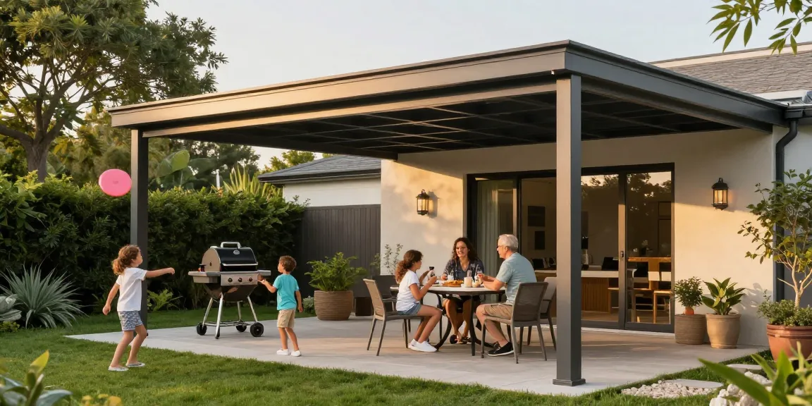 Familie unter einer Terrassenüberdachung genießen Zeit zusammen im Garten, modernes Design, angenehmes Ambiente.