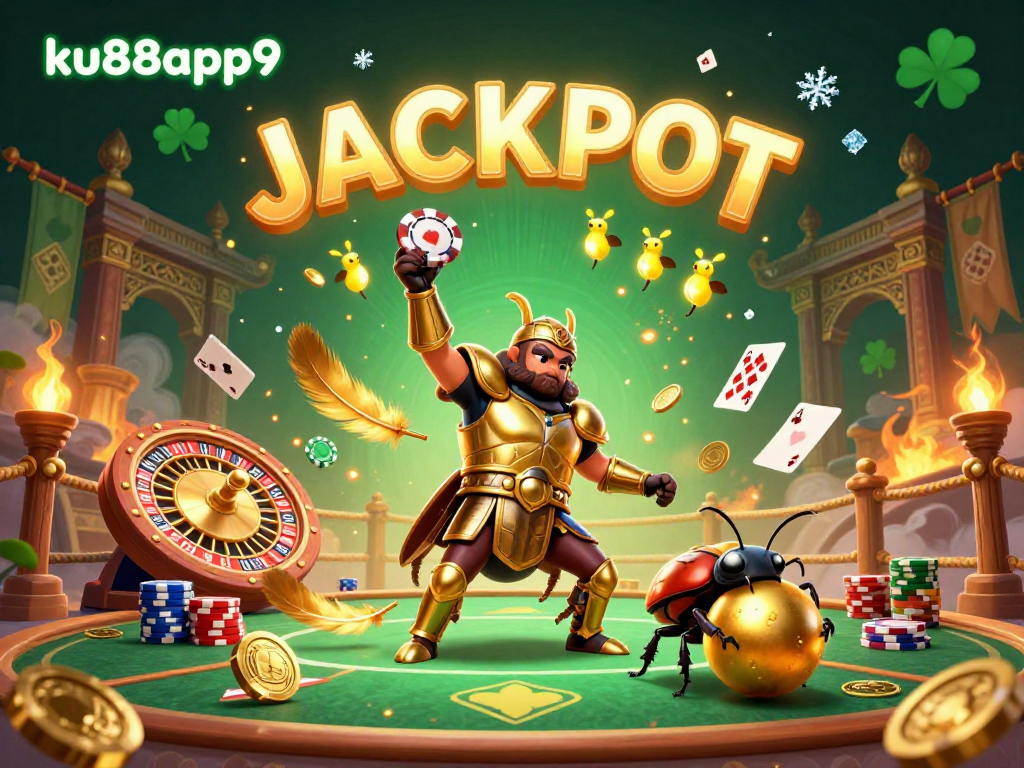 Celebrate big wins with ku88app9 as the victorious beetle lifts a poker chip amidst vibrant casino elements.