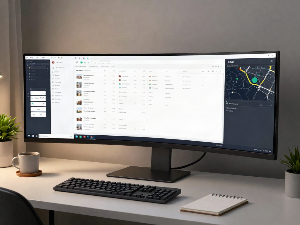 Immobilienmakler Hilden in einem modernen Entwicklerarbeitsplatz, wo Immobilienanalyse-Software auf einem großen Monitor angezeigt wird.