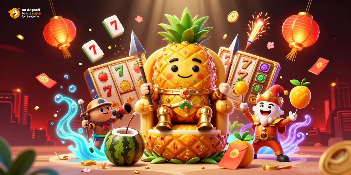 No deposit bonus codes for australia illustrated with a golden pineapple king, casino elements, and vibrant action.