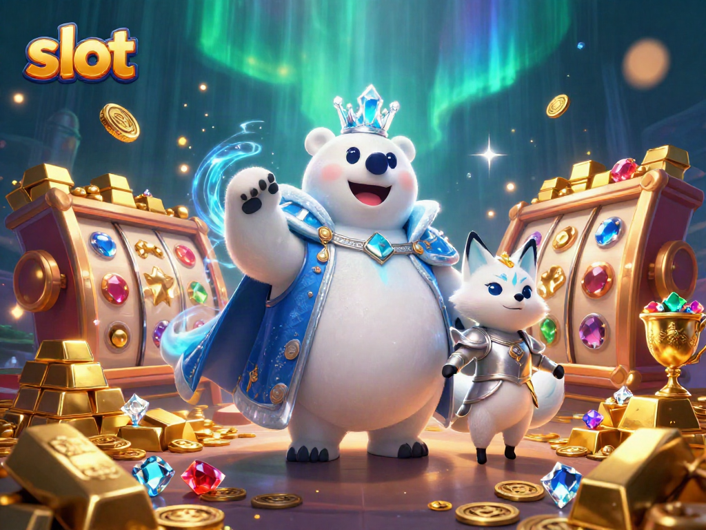 Experience thrilling slot action with ice king and snow fox, surrounded by treasures.
