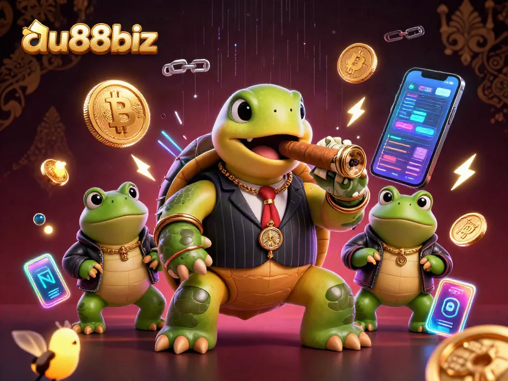Join the excitement at au88biz with a vibrant 3D illustration of a turtle mobster and enforcers in a dynamic casino setting.