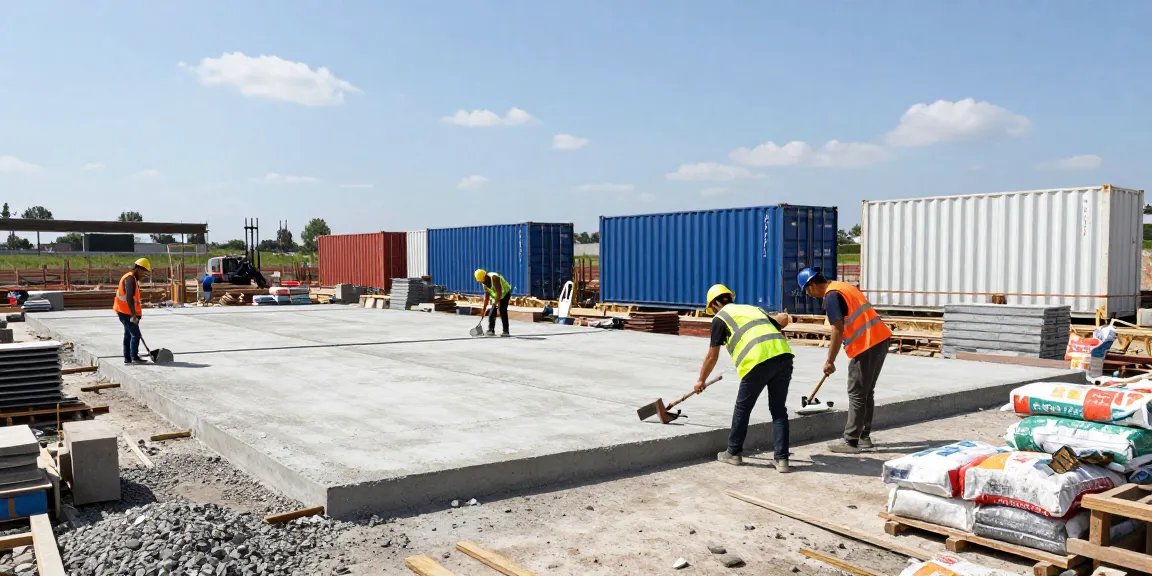 Fundament für Container wird professionell verlegt, Bauarbeiter bei der Arbeit auf einer Baustelle.