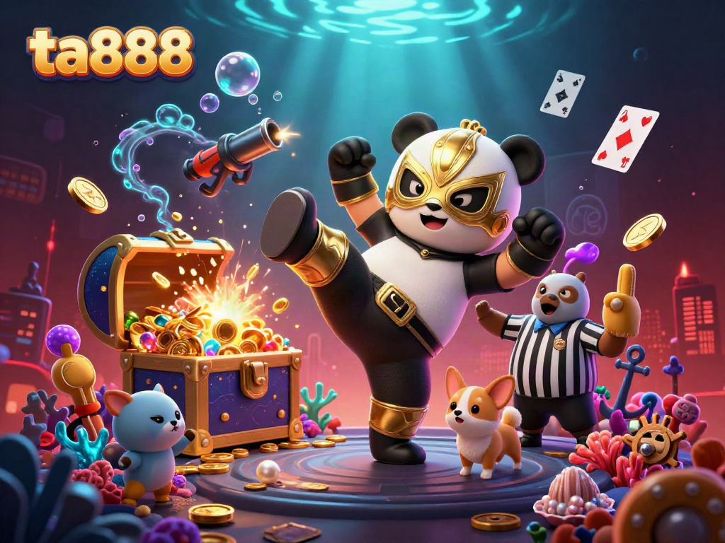 Engage with ta888 online casino featuring an action-packed panda wrestling scene amid dazzling treasures.