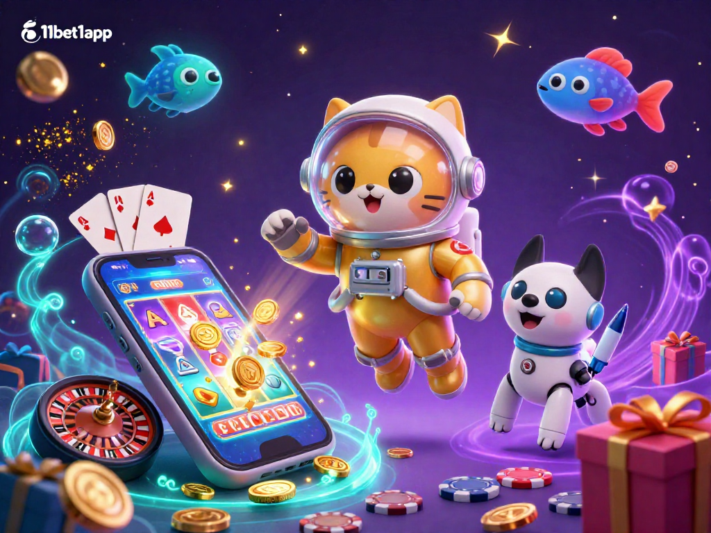Experience 11bet1app's vibrant universe of gaming with a space astronaut cat and robot dog amidst slot games and roulette.