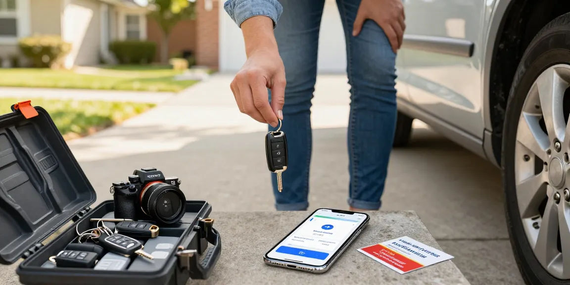 Autoschlüssel verloren: Besorgter Autofahrer sucht nach verlorenen Autoschlüsseln mit Smartphone und verschiedenen Schlüsselarten.
