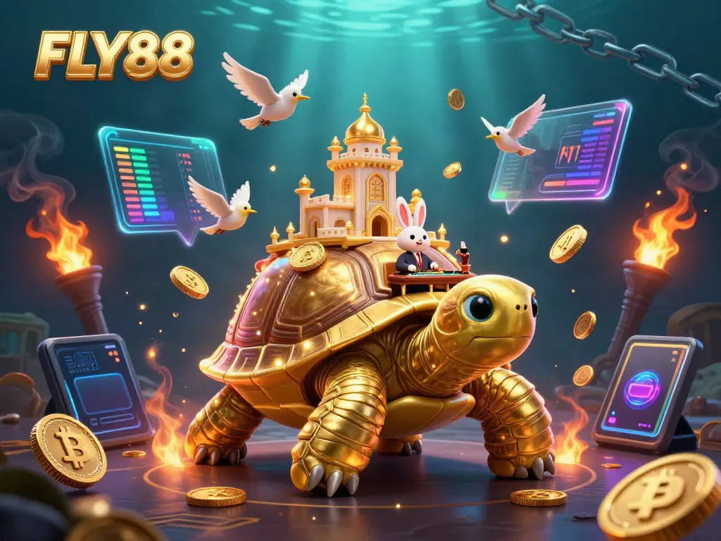 Experience the thrill of FLY88 with a vibrant casino scene featuring a golden tortoise and rabbit dealer.