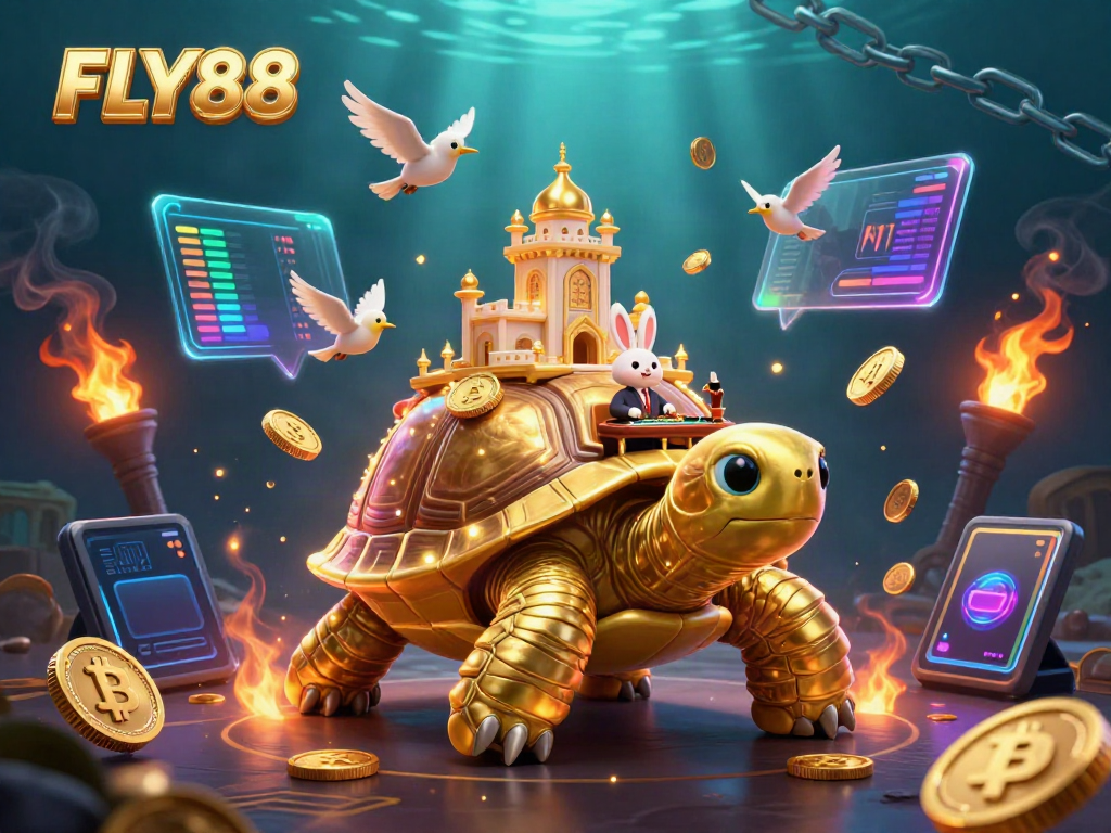 Experience the thrill of FLY88 with a vibrant casino scene featuring a golden tortoise and rabbit dealer.