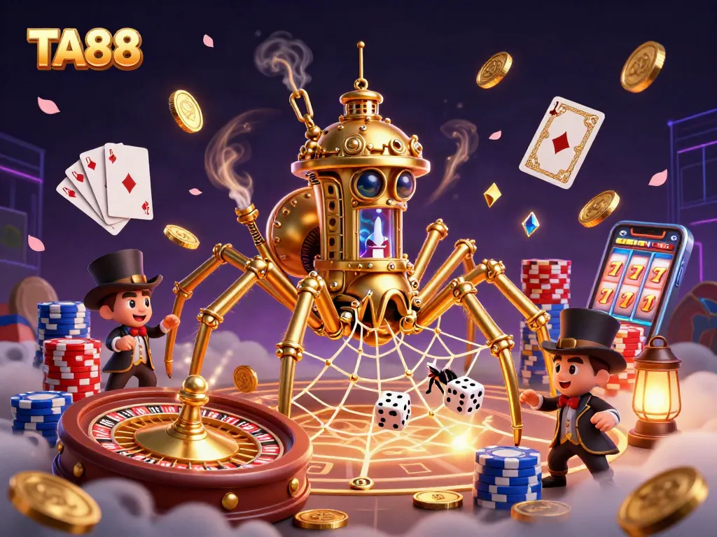 TA88 unveils a captivating casino scene with a golden steampunk spider and shimmering gems