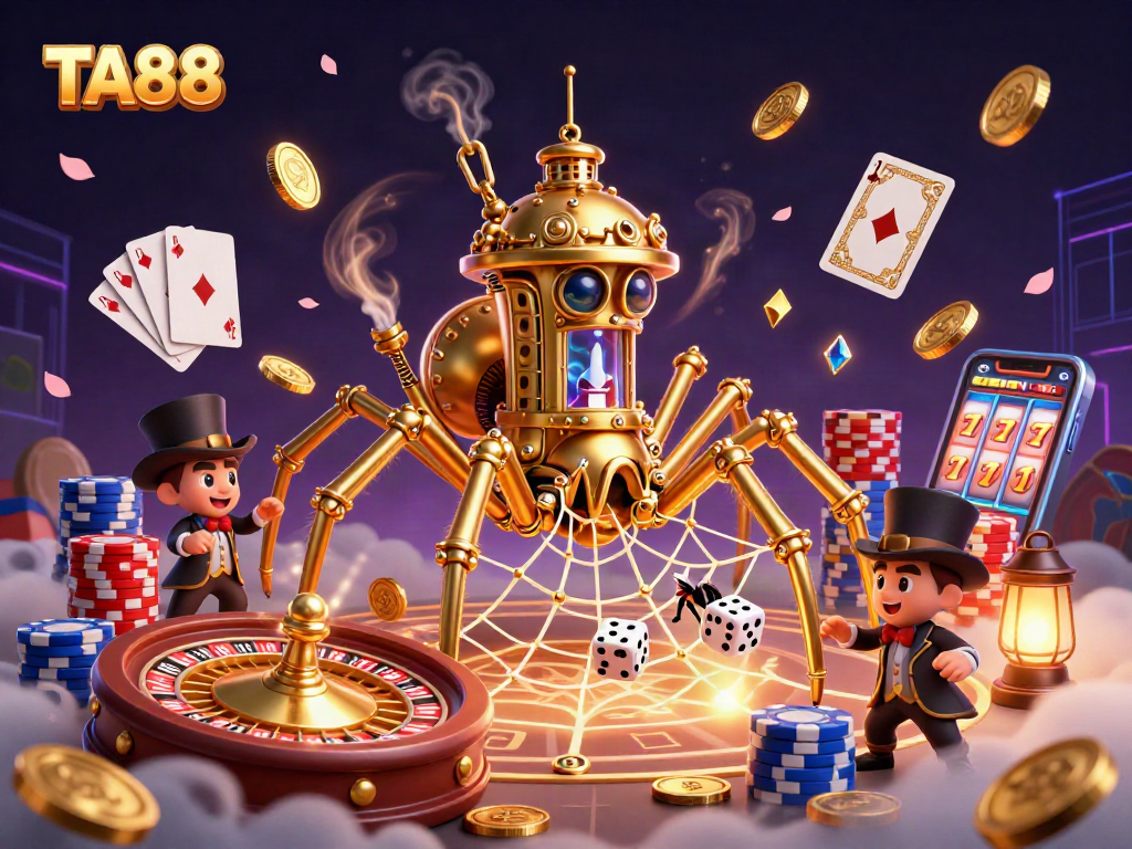 TA88 unveils a captivating casino scene with a golden steampunk spider and shimmering gems