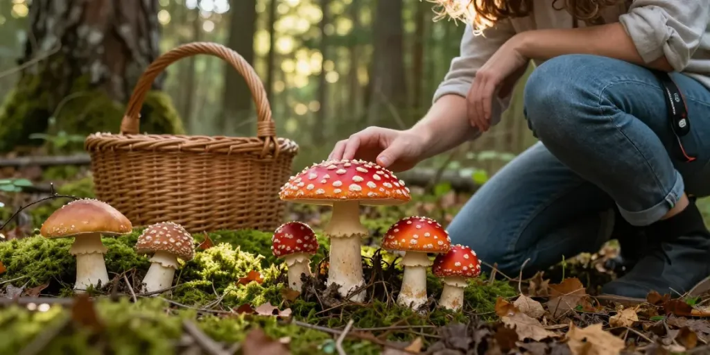 Fliegenpilz kaufen: Frische Amanita Muscaria in ihrem natürlichen Lebensraum mit Person, Korb und Lichtspiel im Wald.