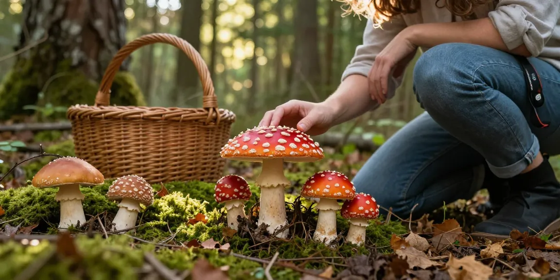 Fliegenpilz kaufen: Frische Amanita Muscaria in ihrem natürlichen Lebensraum mit Person, Korb und Lichtspiel im Wald.