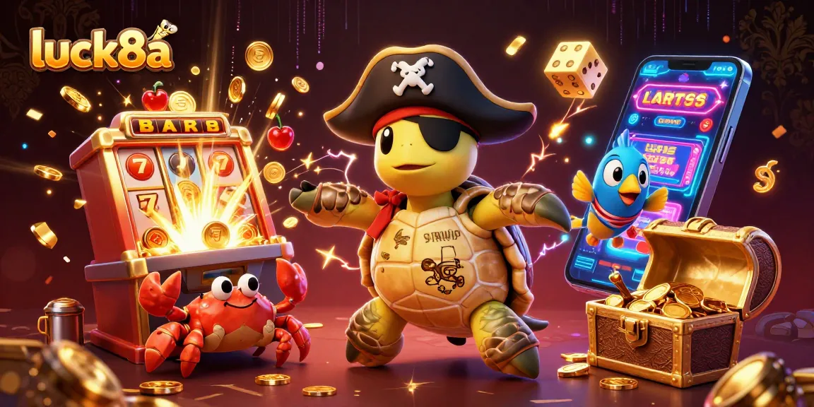 Engage with luck8a's vibrant 3D illustration, showcasing a pirate turtle and treasure in a dynamic casino scene.