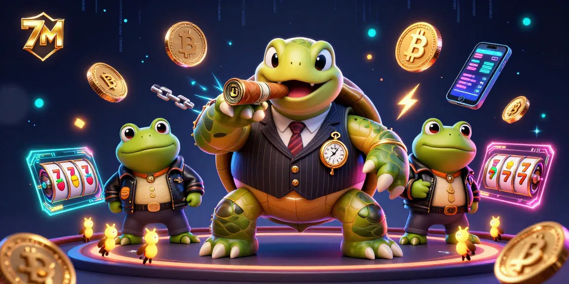 Experience thrilling casino action with 7M as a cartoon turtle and bullfrogs spin slots.
