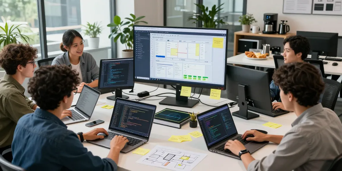 Build internal tools with AI in a collaborative workspace featuring developers working together around laptops and digital screens.