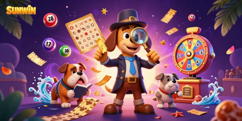 Experience winning with SUNWIN through a detective uncovering treasure in a vibrant casino scene.