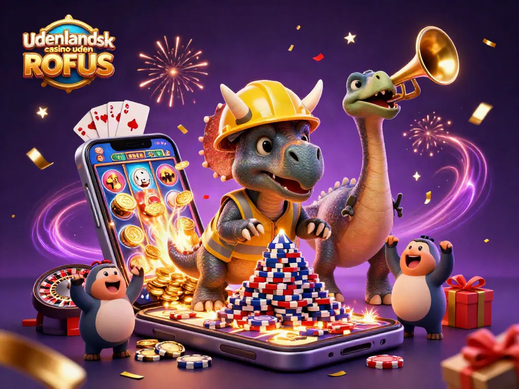 Experience winning moments at udenlandsk casino uden ROFUS with a lively 3D illustration of dinosaurs celebrating gaming.