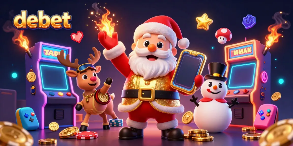 Join the festive fun with Debet's cartoon Santa in a vibrant casino setting!