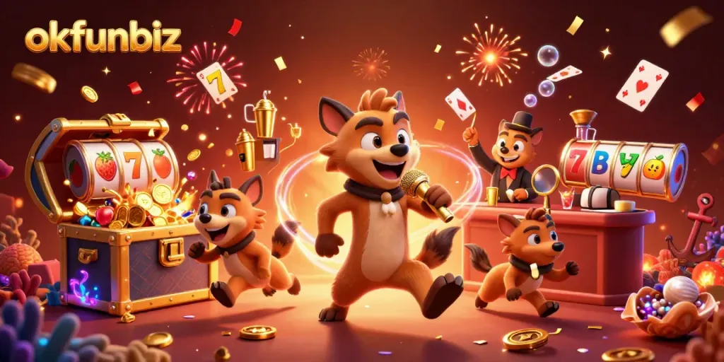 Engage with okfunbiz at a vibrant casino-themed scene featuring hyenas enjoying slot games.