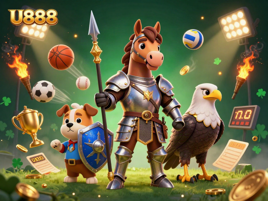U888 showcases a thrilling gambling scene with a knight, horse, and squire amidst dynamic sports elements.