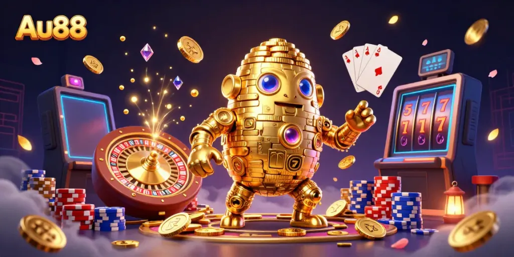 Experience thrilling wins at Au88 Casino with our vibrant, lively gaming atmosphere featuring golden golem, roulette, and play cards.