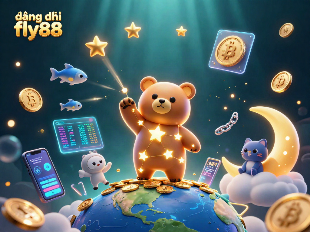 Engage with đăng ký fly88 as the constellation bear collects coins, amidst vibrant crypto symbols.