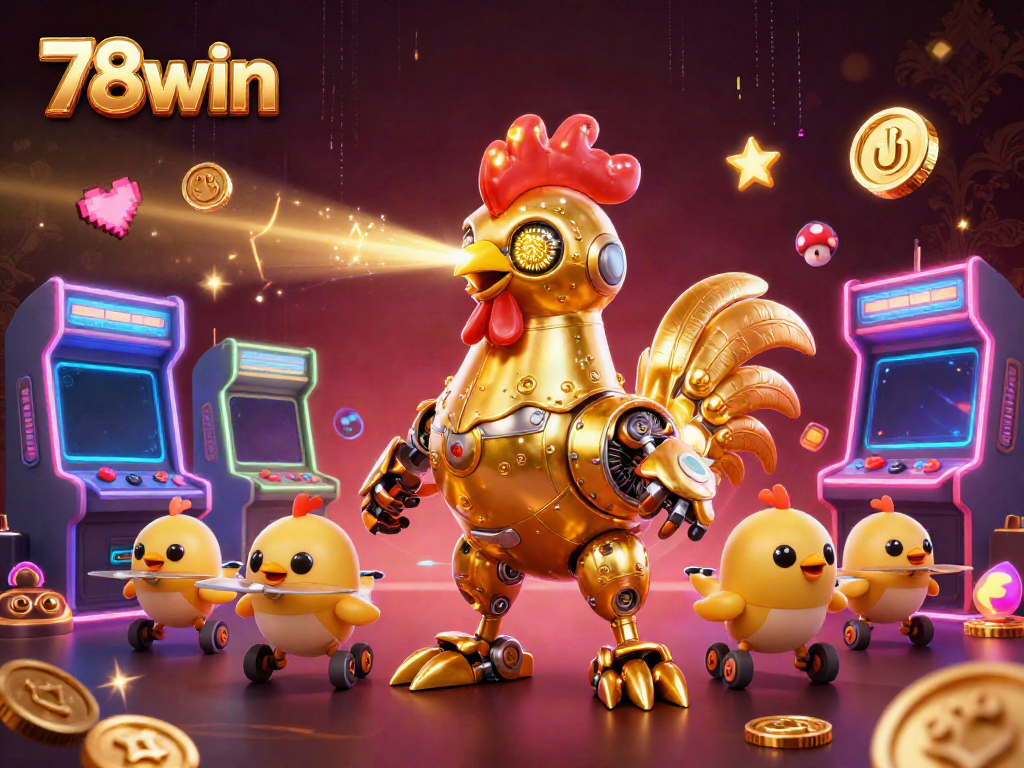 Experience thrilling gaming excitement with 78win's ultra-detailed casino illustration featuring a futuristic rooster and arcade elements.