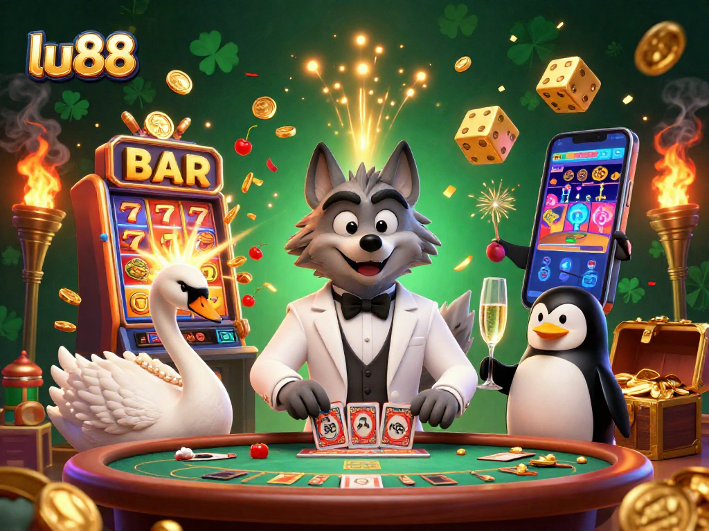 Experience thrilling gameplay at lu88 with a debonair wolf, elegant swan, and sophisticated penguin at a vibrant casino scene.