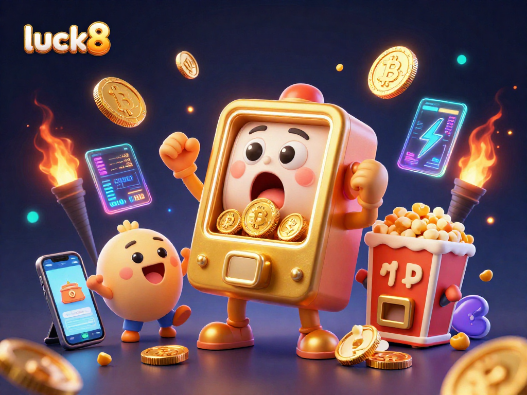 Maximize your luck8 experience with a vibrant jackpot scene showcasing lively slot machines and crypto elements.