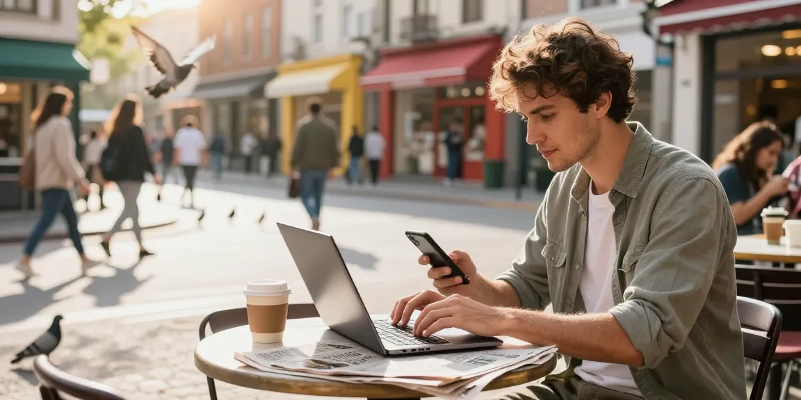 Engaging journalist in newsbochum working at a lively cafe with newspapers and coffee.