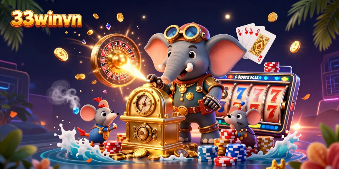 Experience exciting wins at 33winvn with a steampunk-themed 3D casino illustration full of action.